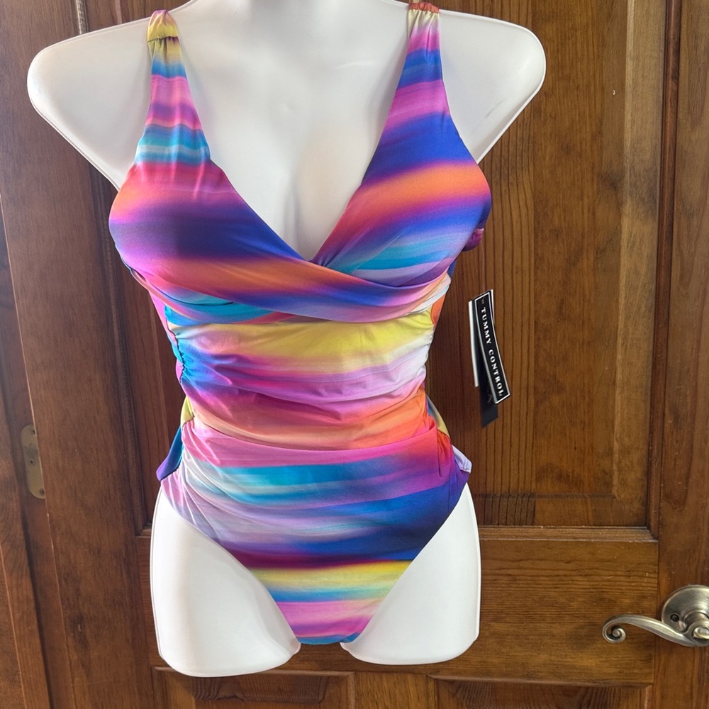 La Blanca Bright Rainbow Stripe V-Neck One-Piece Swimsuit